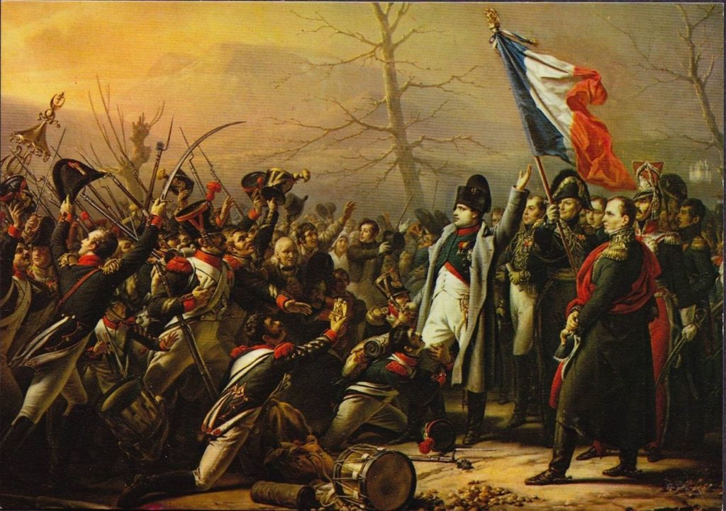 Soldaterna faller ned på knä och bugar efter Napoleons återkomst från Elba